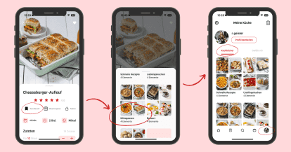 Handy-Grafiken, wie man Rezepte einem Kochbuch hinzufügt.